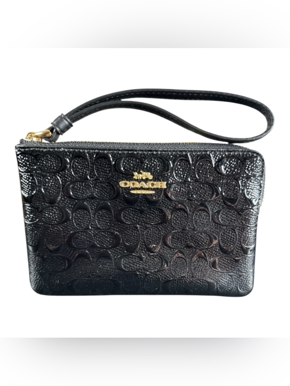 Coach Black Patent Signature Wristlet with Gold Plaque